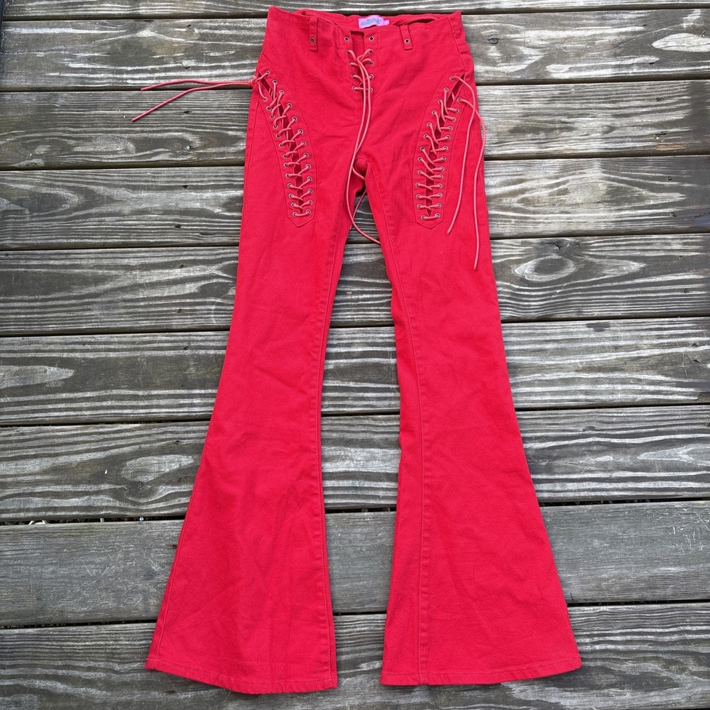 Edikted Red Lace-Up Flare Jeans FIRE ENGINE SIZE MEDIUM